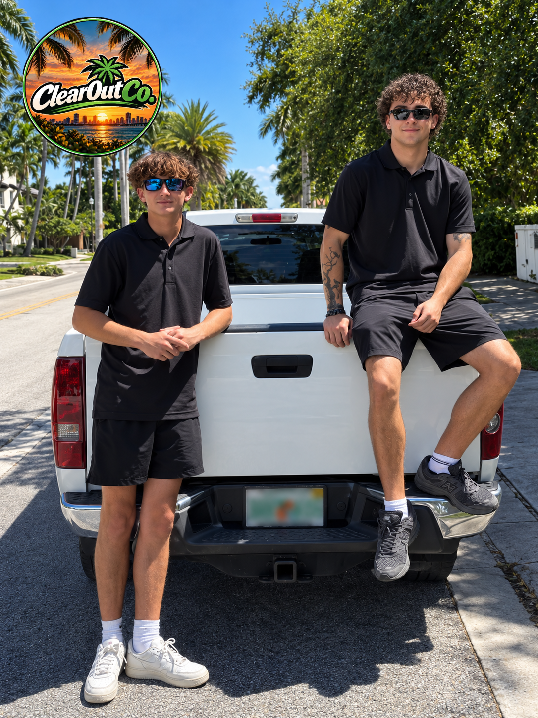 The Clear Out Boys with their white pickup truck in South Florida
