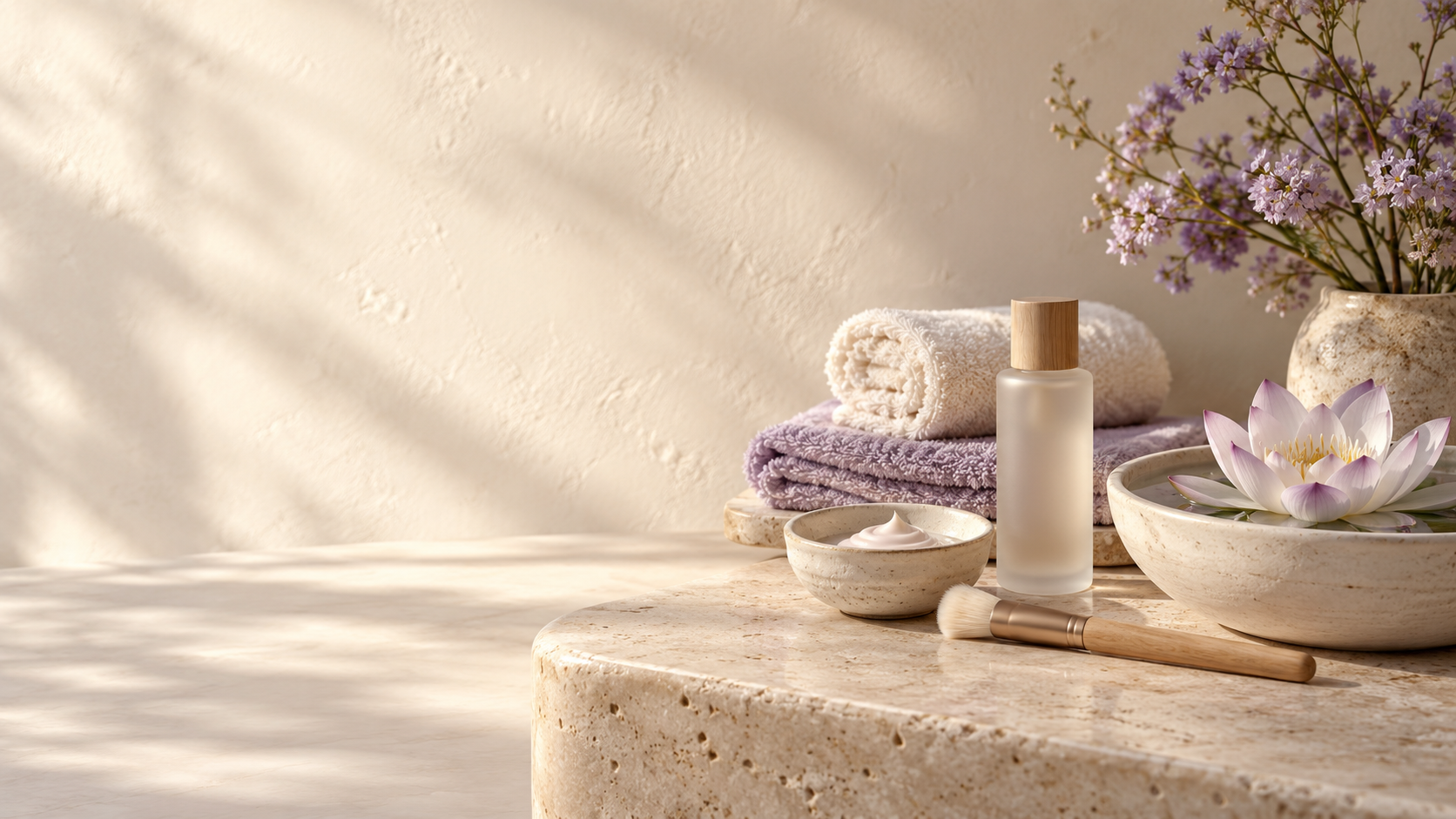 Lotus botanical skincare ritual with calming lavender accents, warm stone texture, gentle treatment formula, and fresh lotus flower