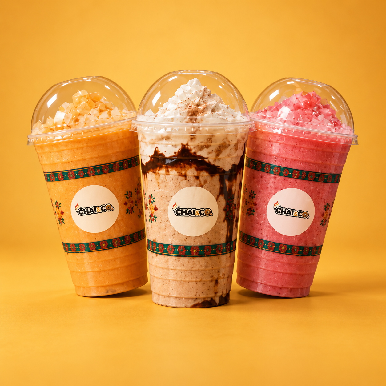 Chai & Co. chilled handcrafted smoothies topped with cream and jellies