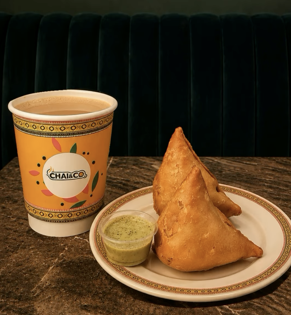Chai & Co. fresh hot chai paired with crispy golden samosas and chutney