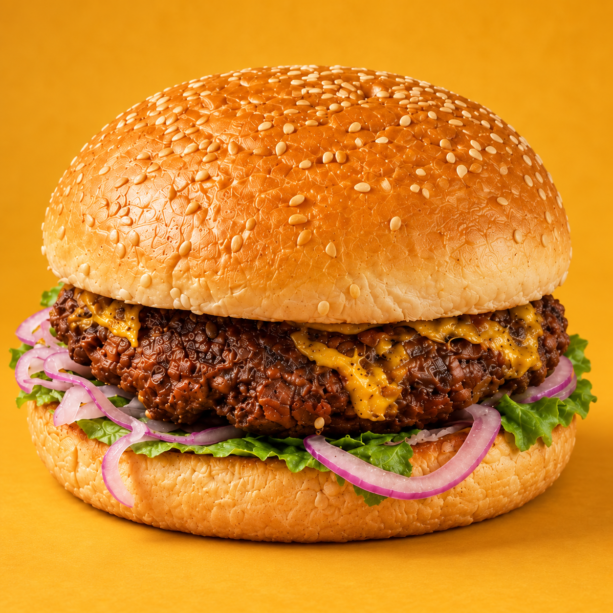 Chai & Co. gourmet fusion burger with cheese, fresh greens, and red onion