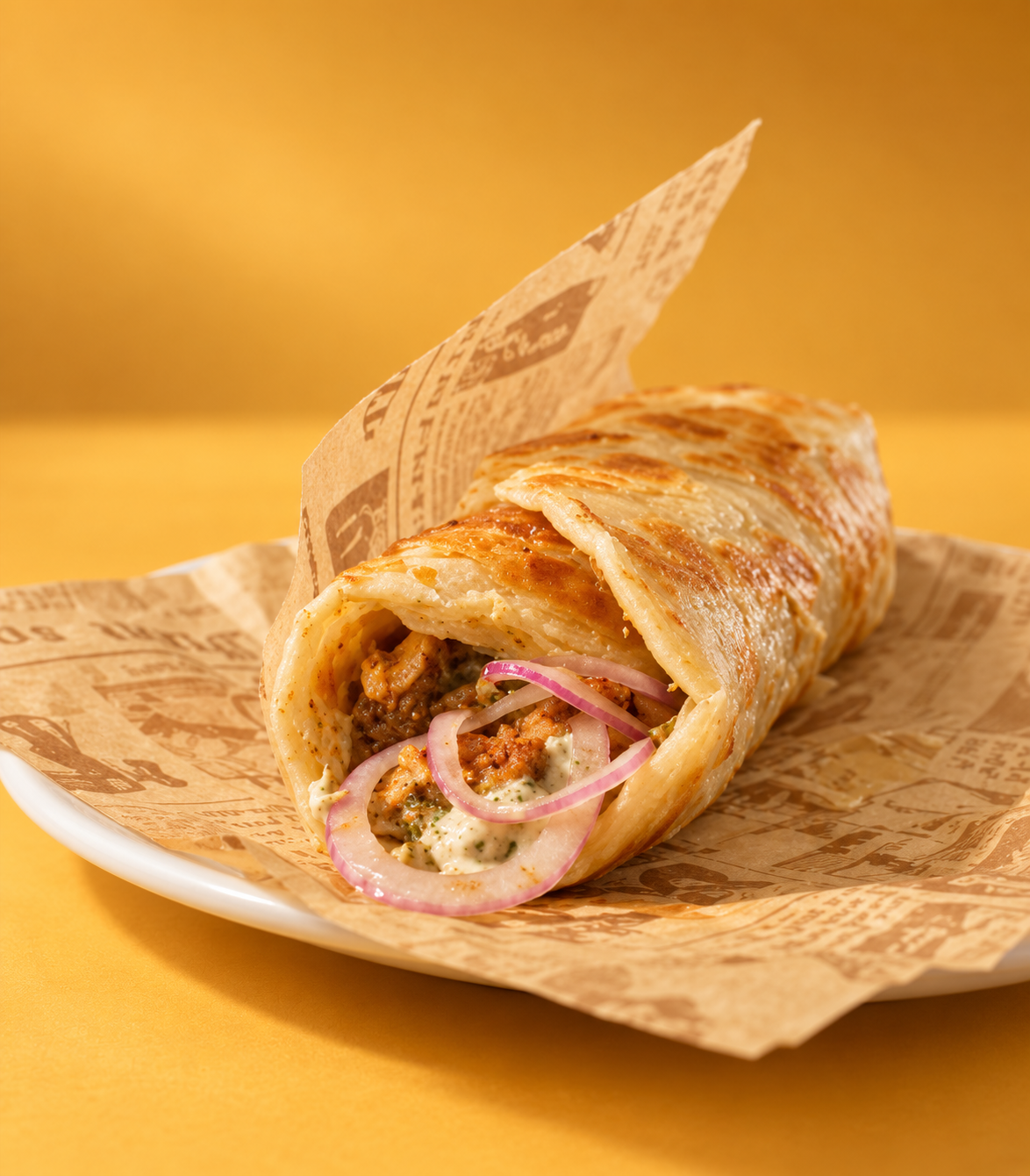 Chai & Co. fresh flaky chicken tawa paratha roll with chutney and onions