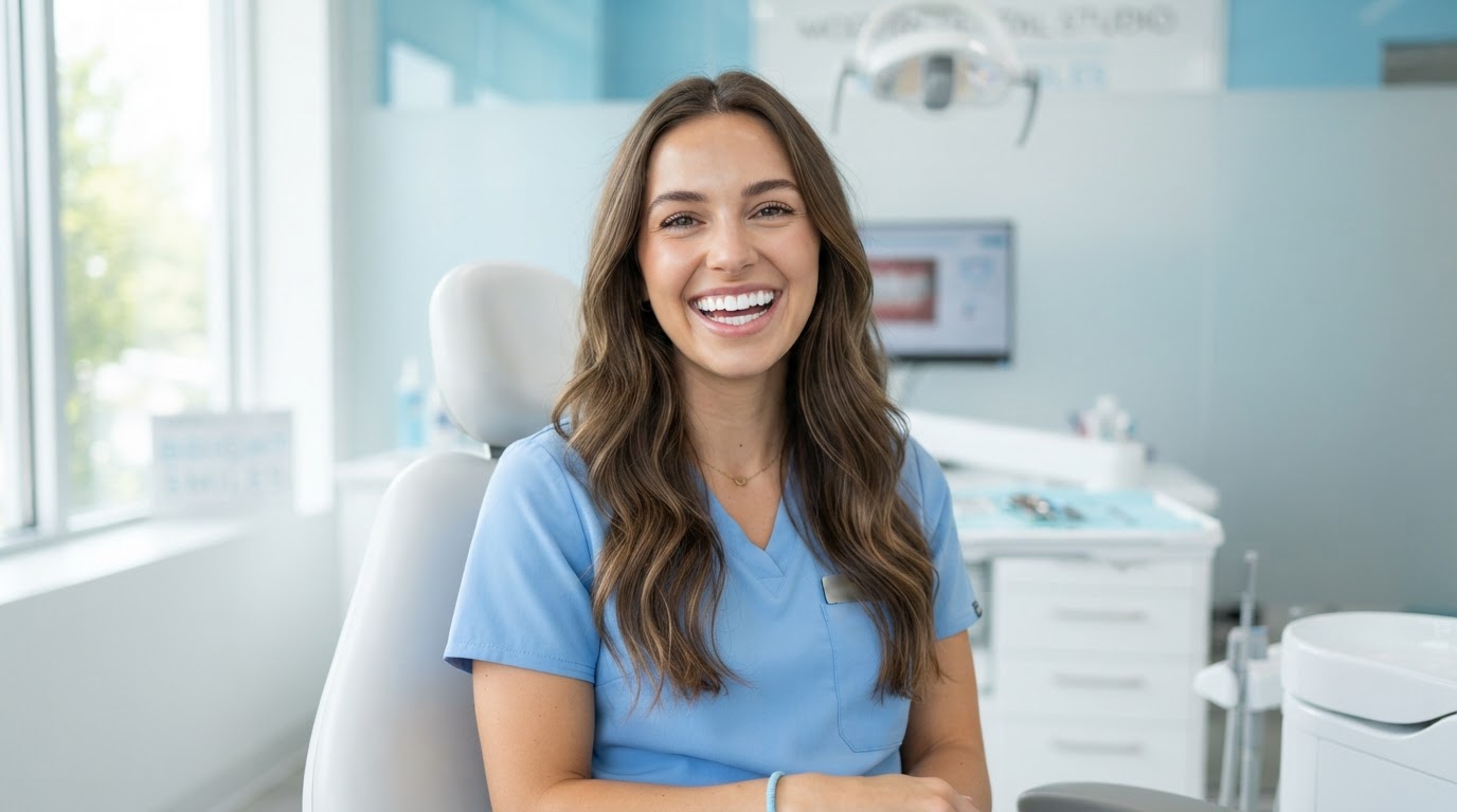Paciente sonriendo mostrando dientes perfectos en consultorio moderno
