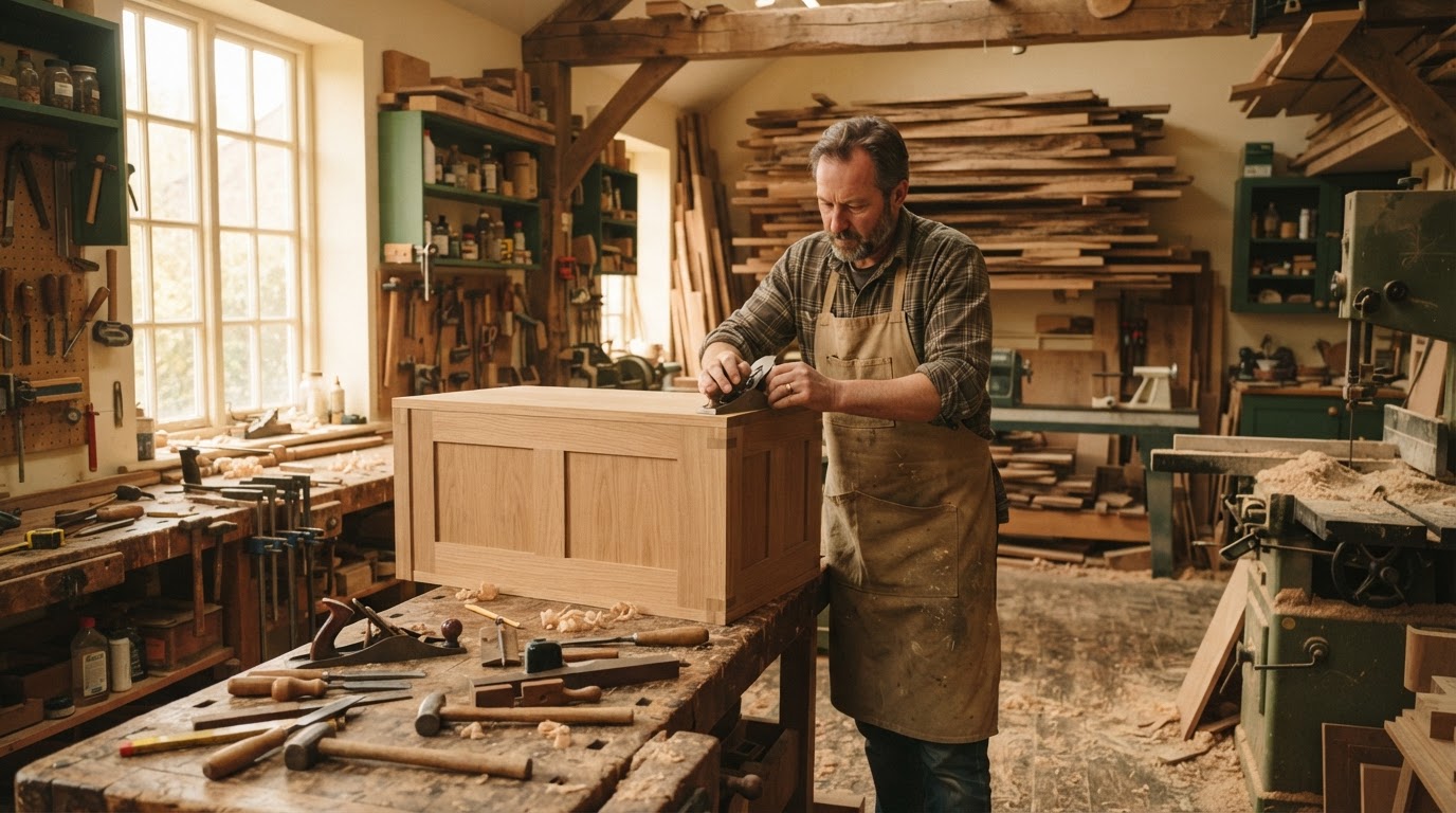 Taller de carpintería con mueble en proceso, madera noble y herramientas