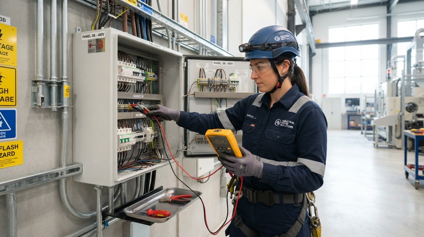 Técnico profesional trabajando en un tablero eléctrico con equipo de seguridad