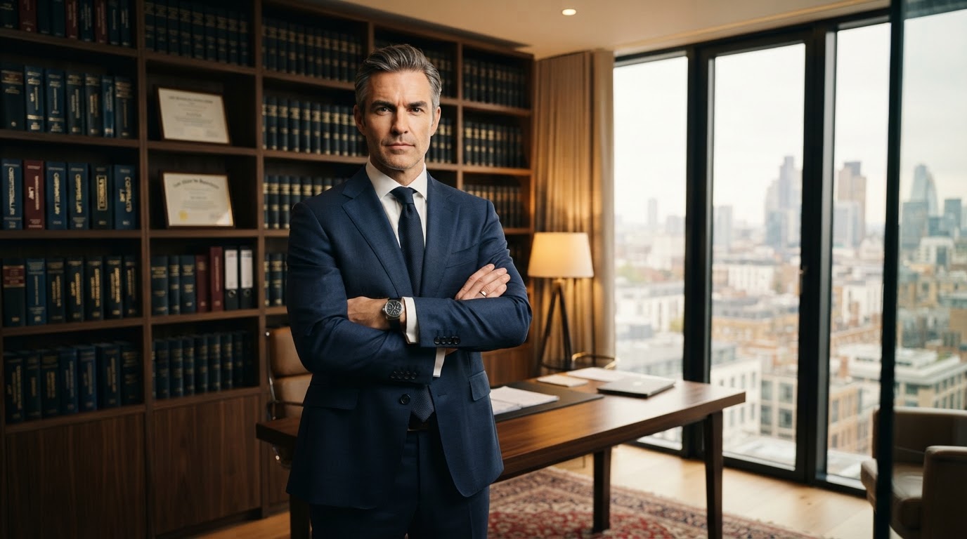 Abogado profesional en oficina moderna con libros de derecho