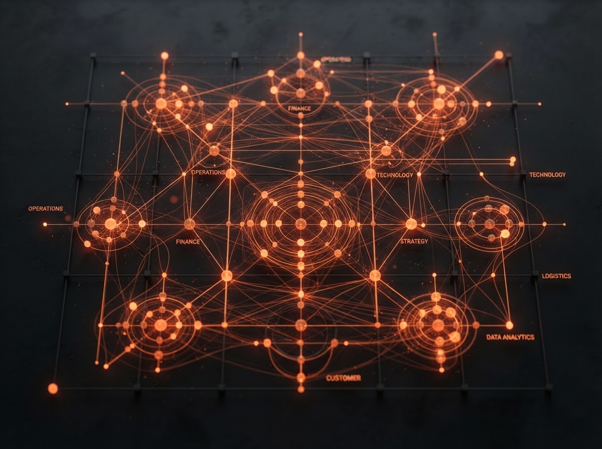 Glowing network of interconnected nodes representing operational systems
