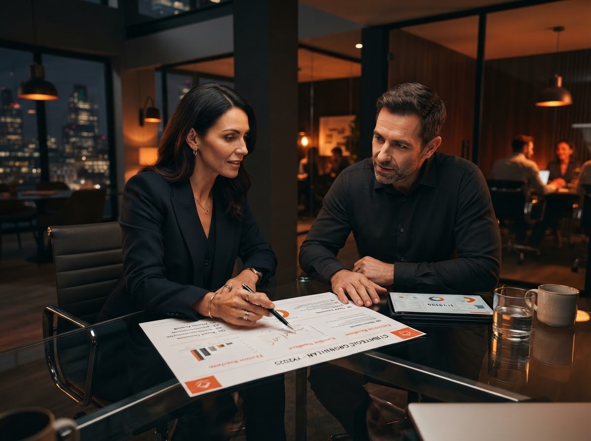 Two consultants collaborating over a strategic growth plan in a modern office