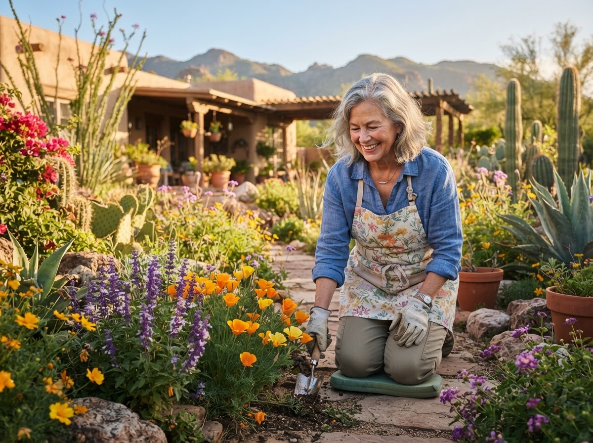 A smiling woman in her 60s gardening in a sunny Arizona backyard