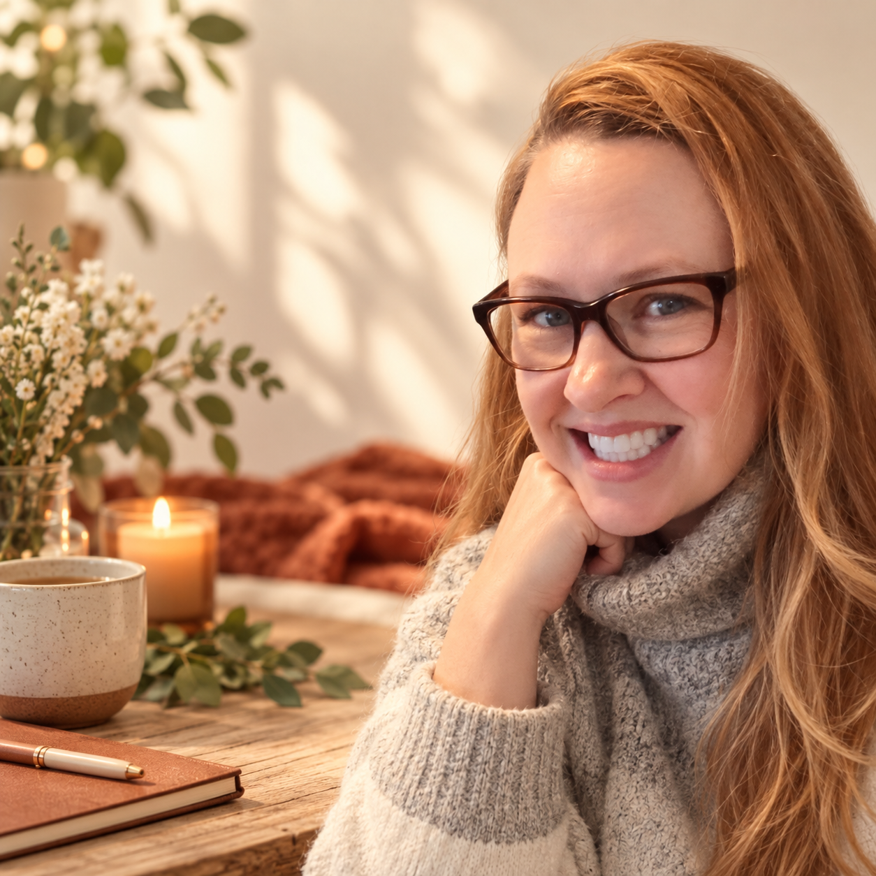 Rose, founder of TruRoot Health, smiling warmly in her cozy, nature-filled space with herbal tea and journal.
