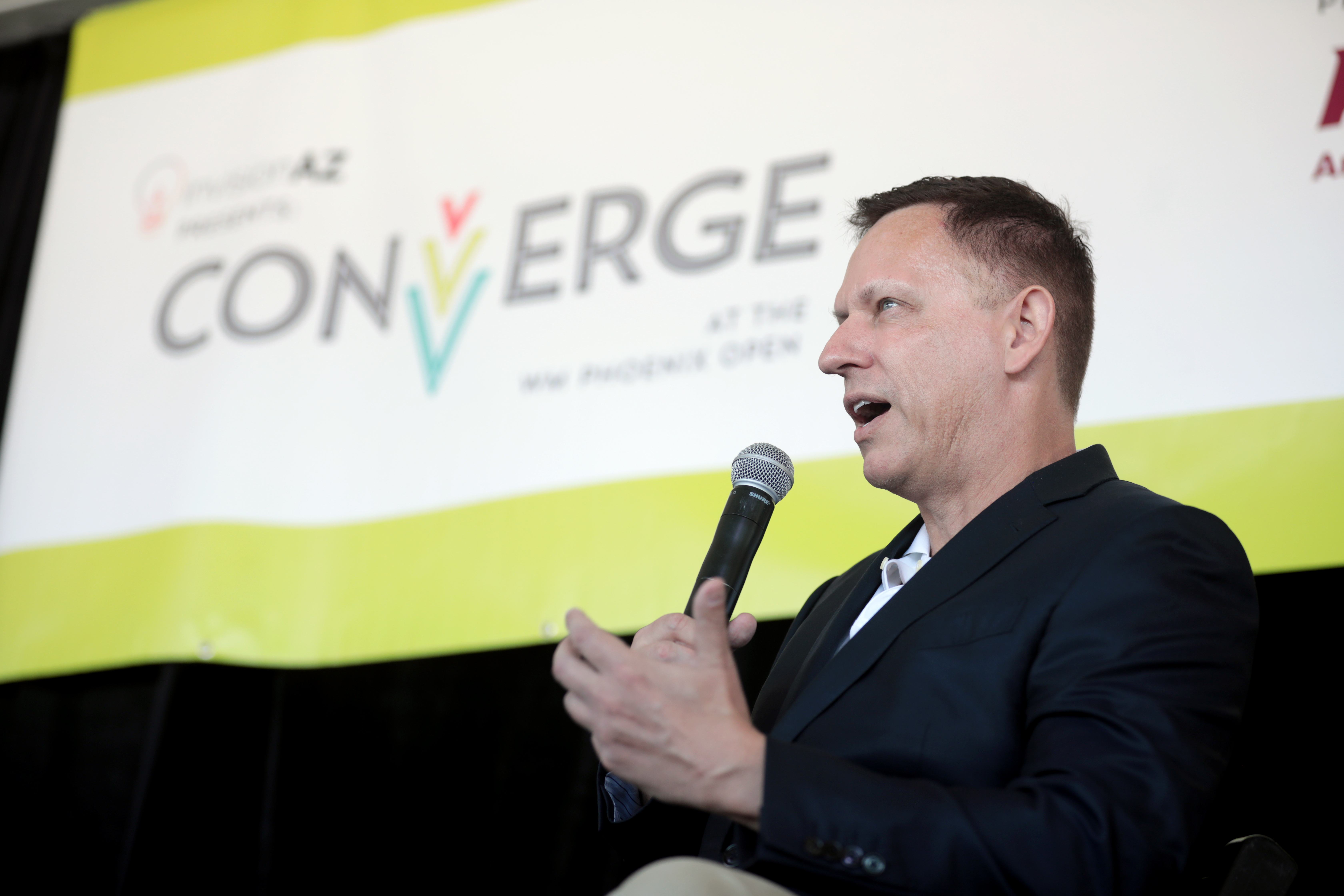 Peter Thiel speaking at an event — authentic editorial photograph by Gage Skidmore / Wikimedia Commons.