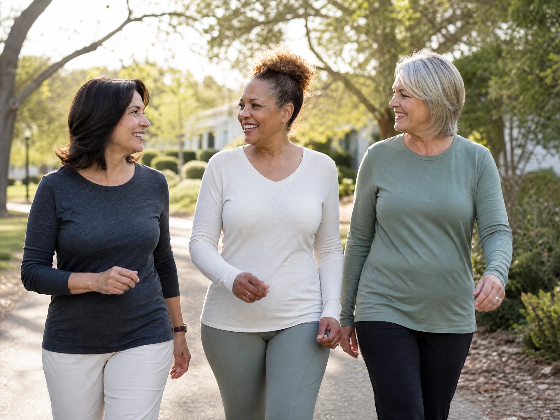 Woman in cream shirt and grey pants