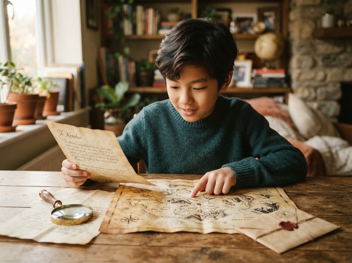 An East Asian boy examining Stone & Scribe letters, a map, and clues with a magnifying glass at home