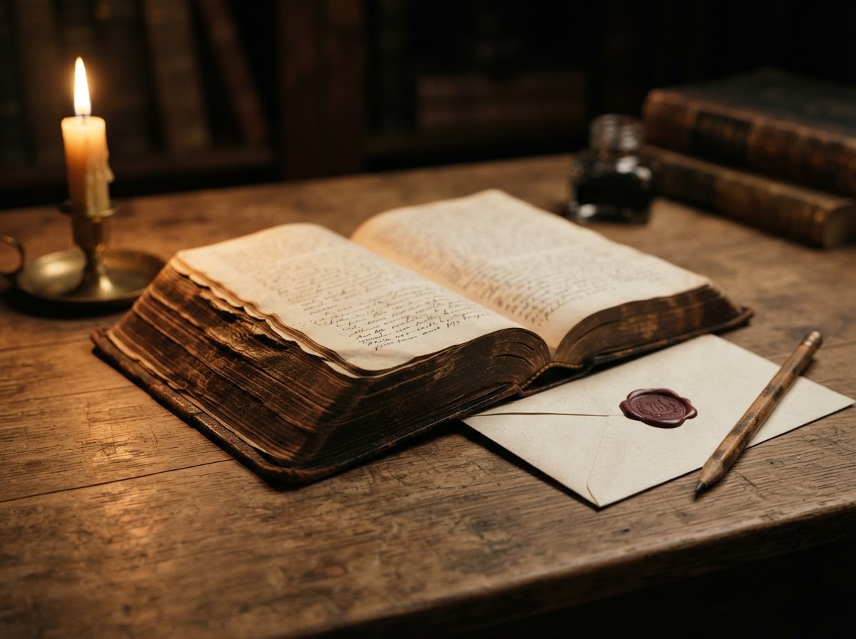 An open Bible on a desk in warm candlelight, surrounded by letters and a compass