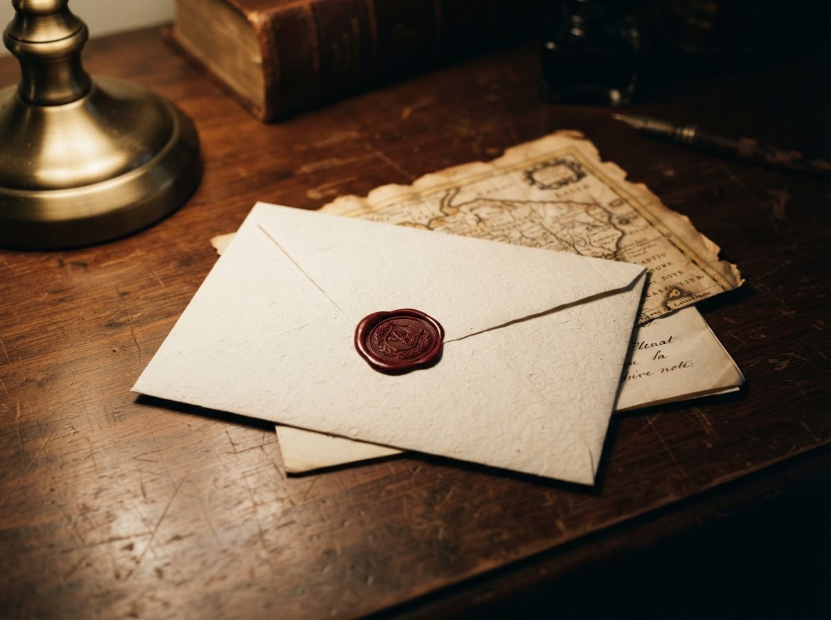 A Stone & Scribe envelope with a red wax seal resting on a warm wooden desk