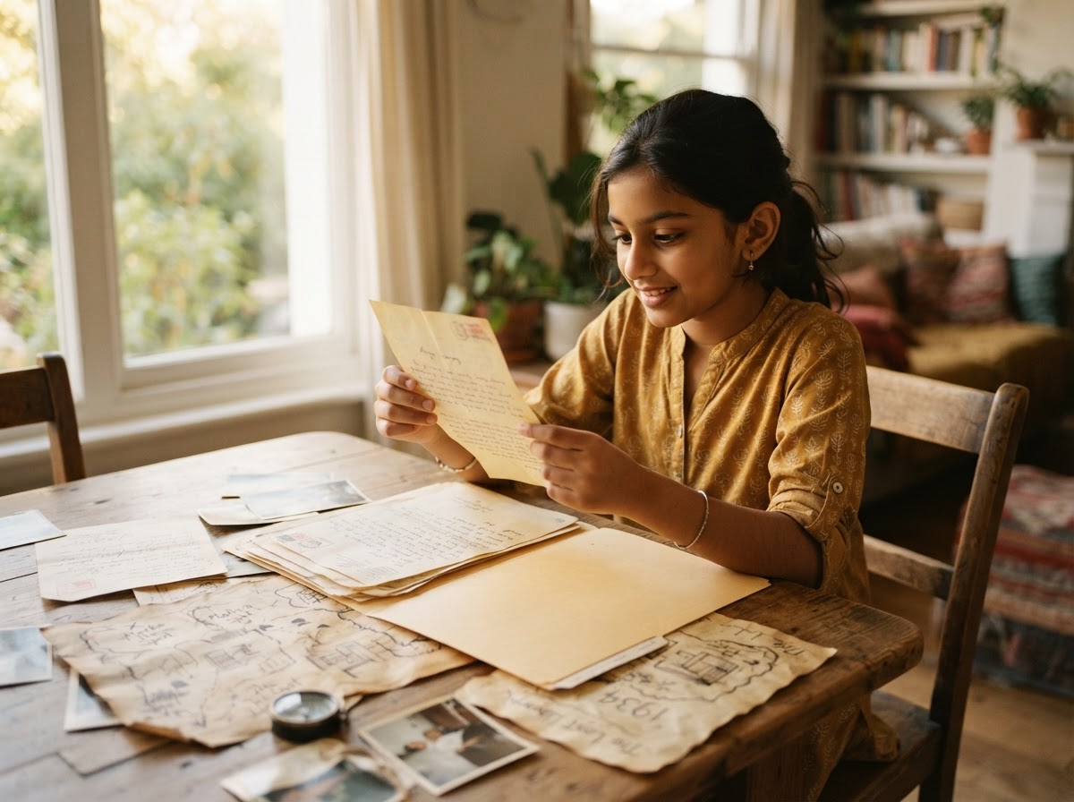 A South Asian girl examining an open manila folder filled with Stone & Scribe letters, maps, and clue documents at home