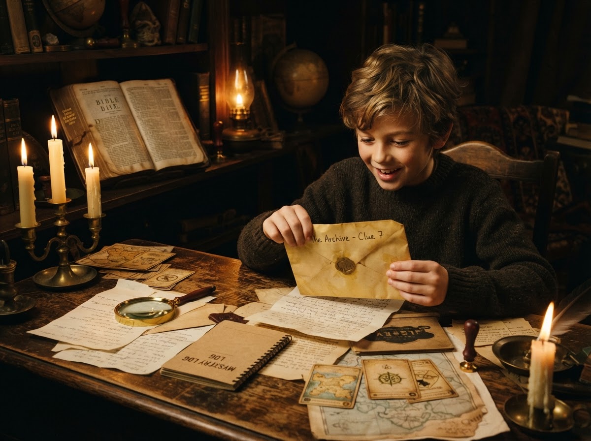 A child opening a Stone & Scribe package and examining the letters and clues inside
