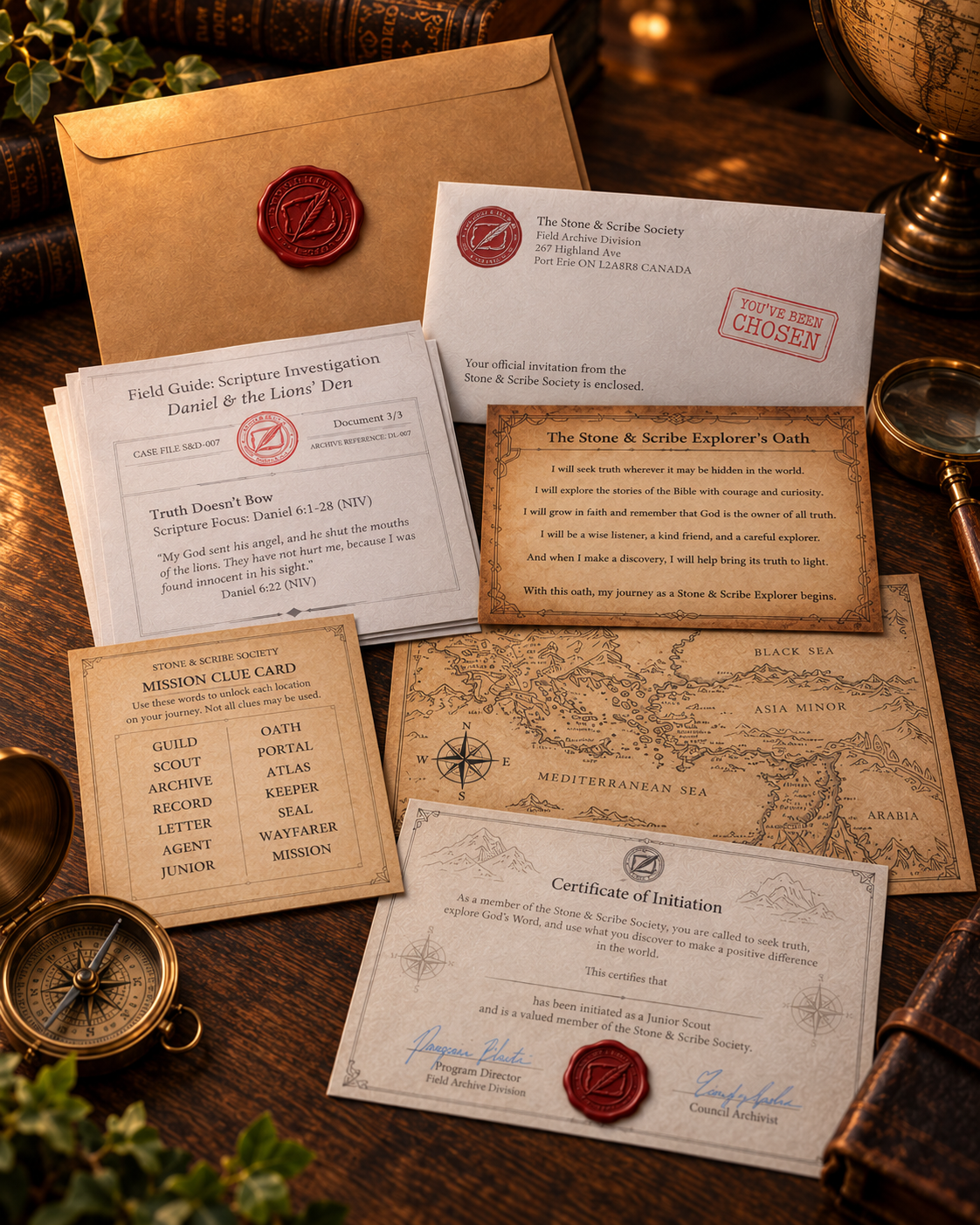 Stone & Scribe welcome package including official invitation envelope with wax seal, Scripture investigation field guide, explorer oath, mission clue card, and certificate of initiation