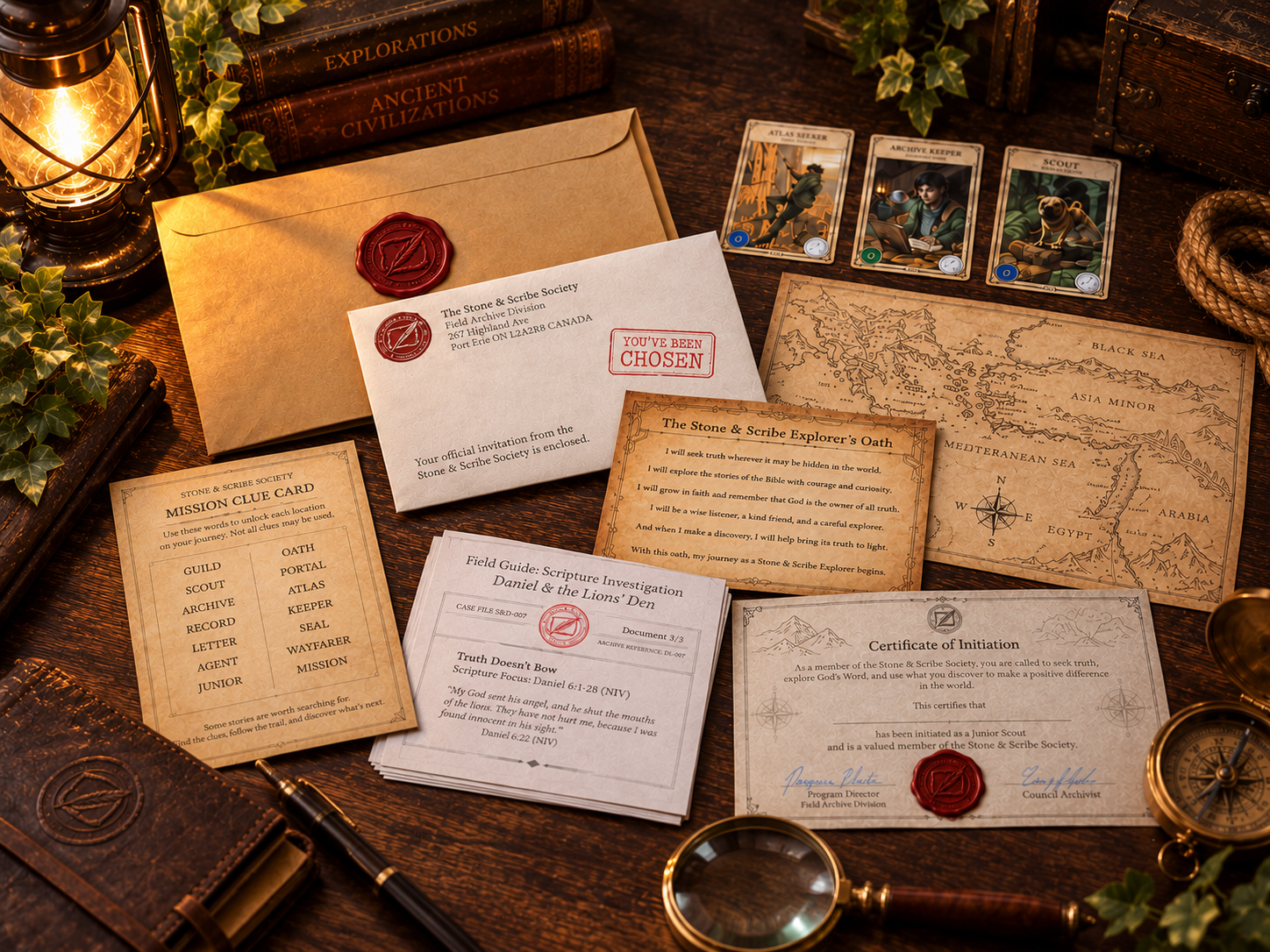 Stone & Scribe product spread featuring official invitation envelope, wax seal, explorer oath, mission clue card, Daniel & the Lion's Den Scripture investigation guide, Certificate of Initiation, map, and character cards