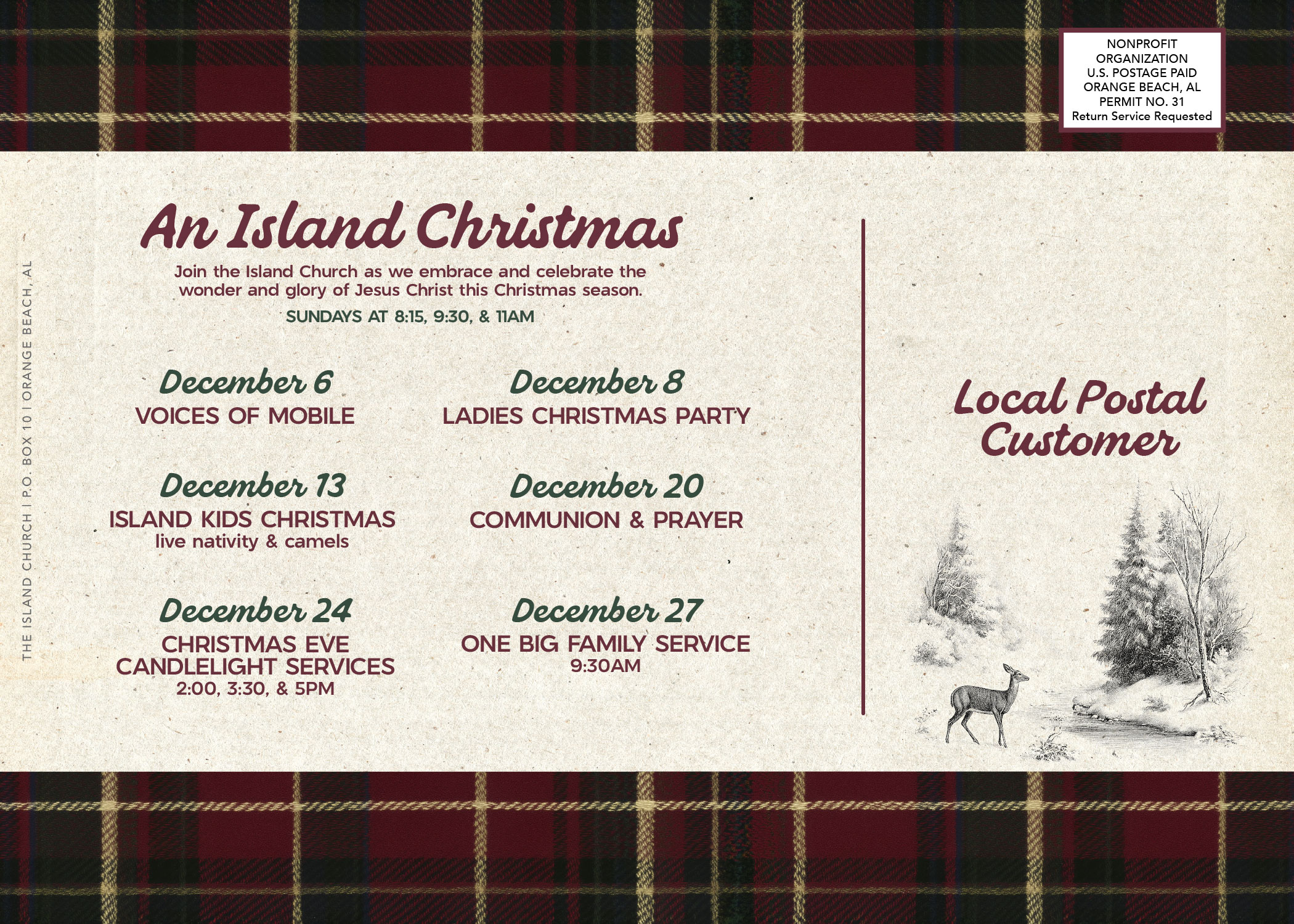 An Island Christmas Card Back with dates, times, and vintage winter illustration