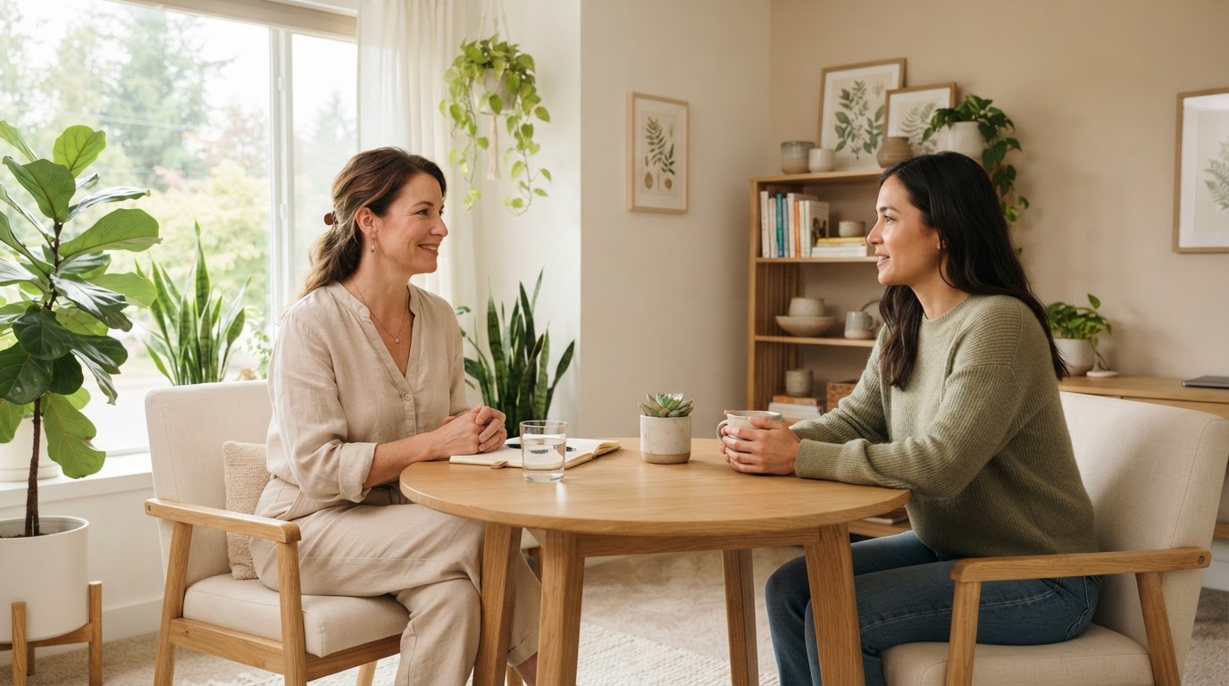 A nurse practitioner in consultation with a patient in a bright, calming clinic