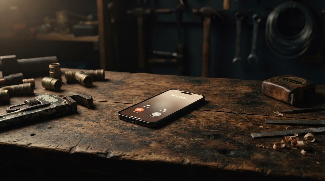 A phone lighting up with an incoming enquiry on a tradesperson's workbench