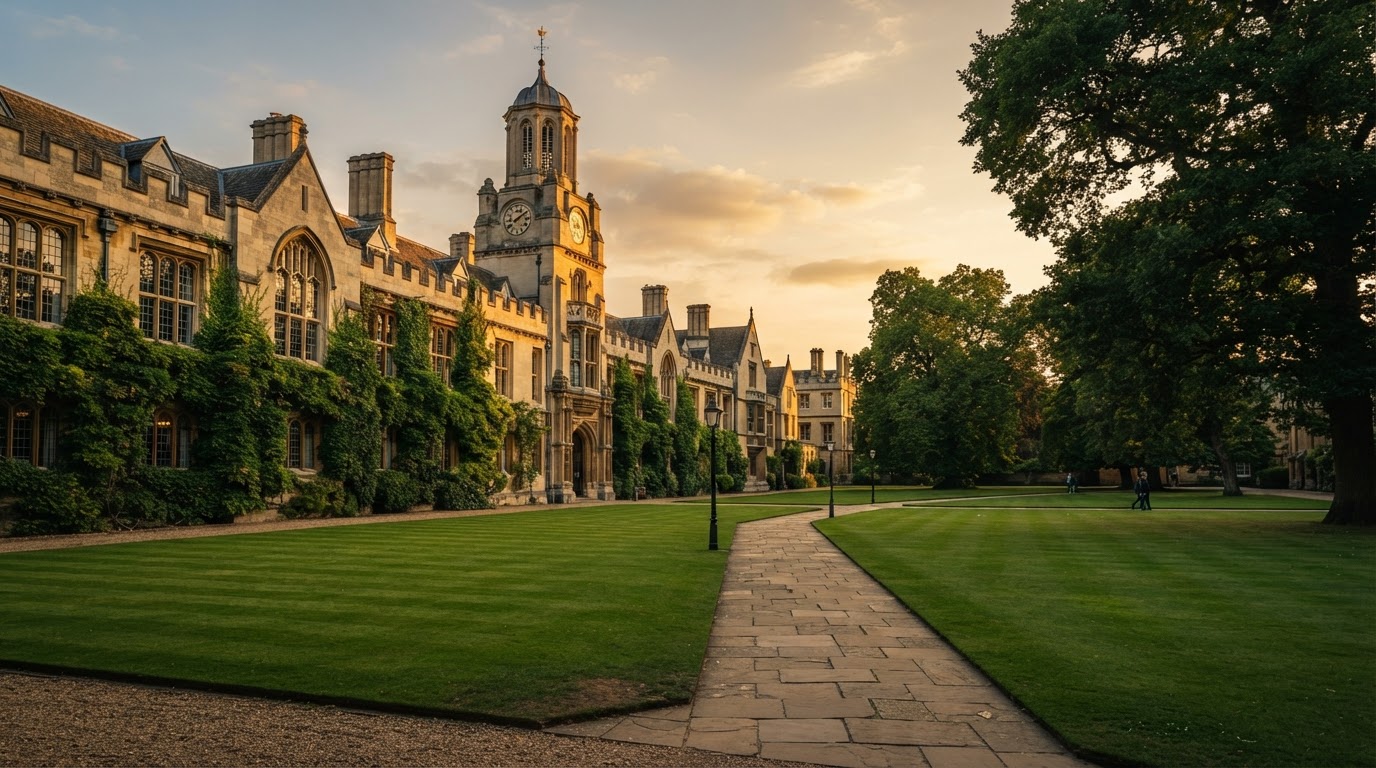 Historic university campus grounds at golden hour