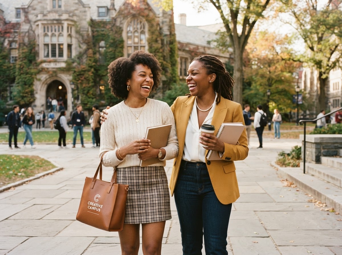 Two friends laughing together on a university campus