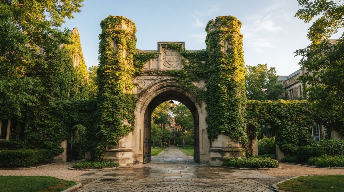 Historic ivy-covered university archway gateway