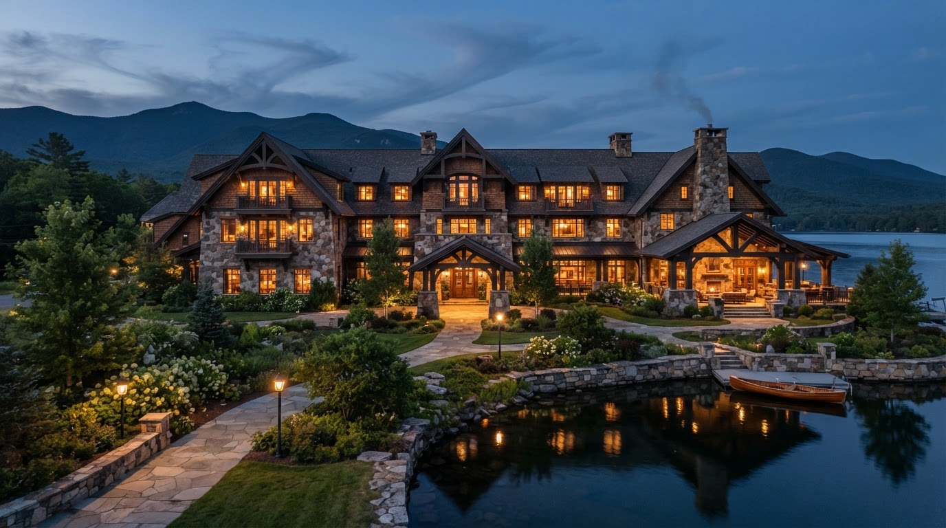 Upscale lakeside resort residence hall at dusk