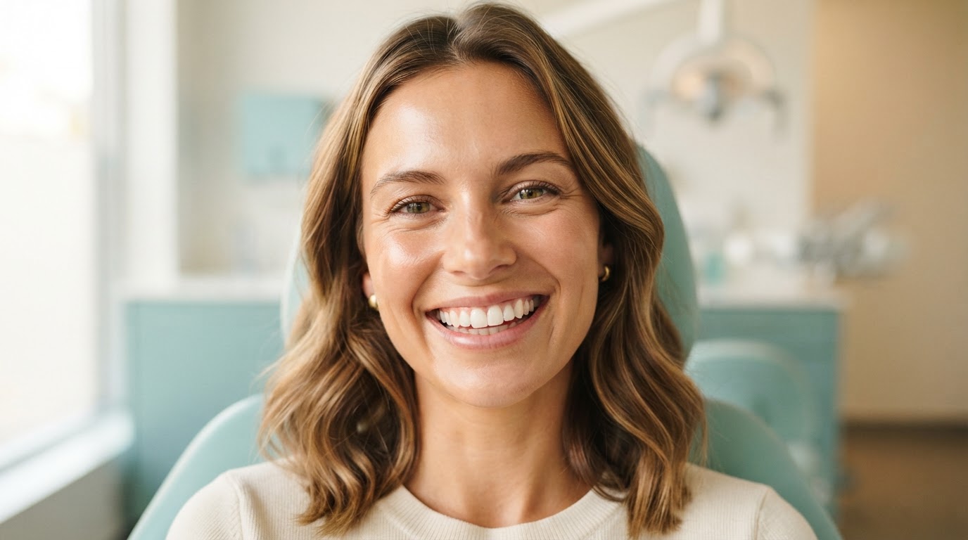 A woman smiling confidently with healthy gums and teeth