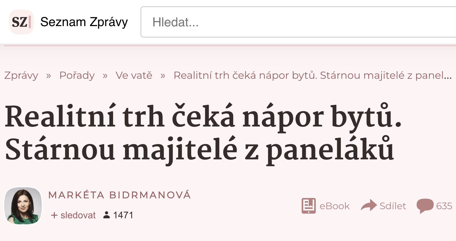 Seznam Zprávy: Realitní trh čeká nápor bytů. Stárnou majitelé z paneláků