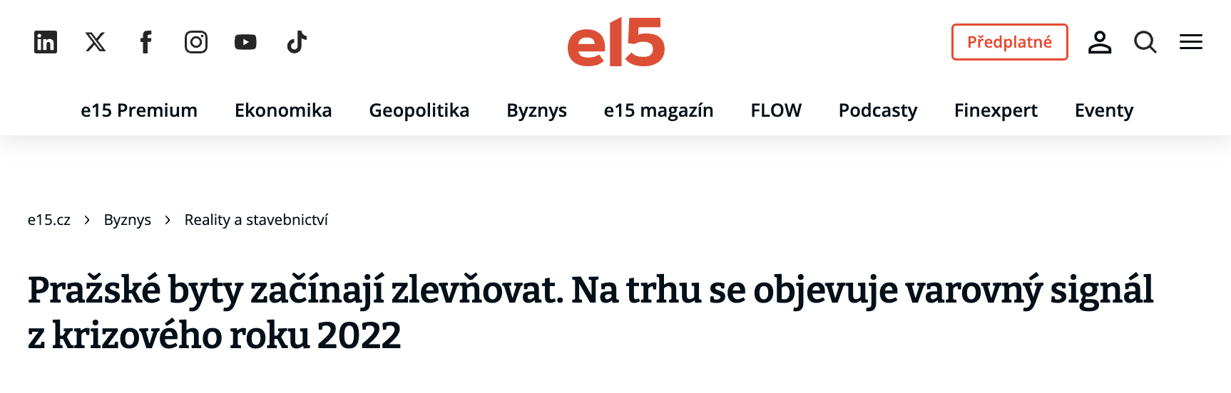 e15: Pražské byty začínají zlevňovat. Na trhu se objevuje varovný signál z krizového roku 2022