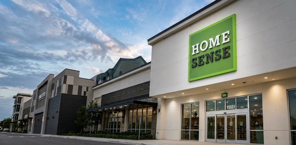 Home Sense commercial building with illuminated signage
