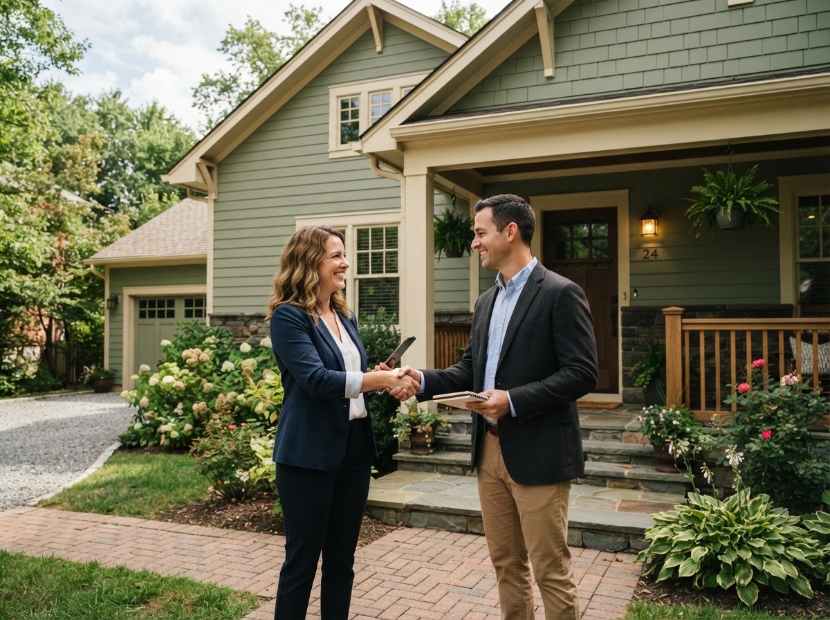 Two Rooftop Realty property managers meeting in front of a home