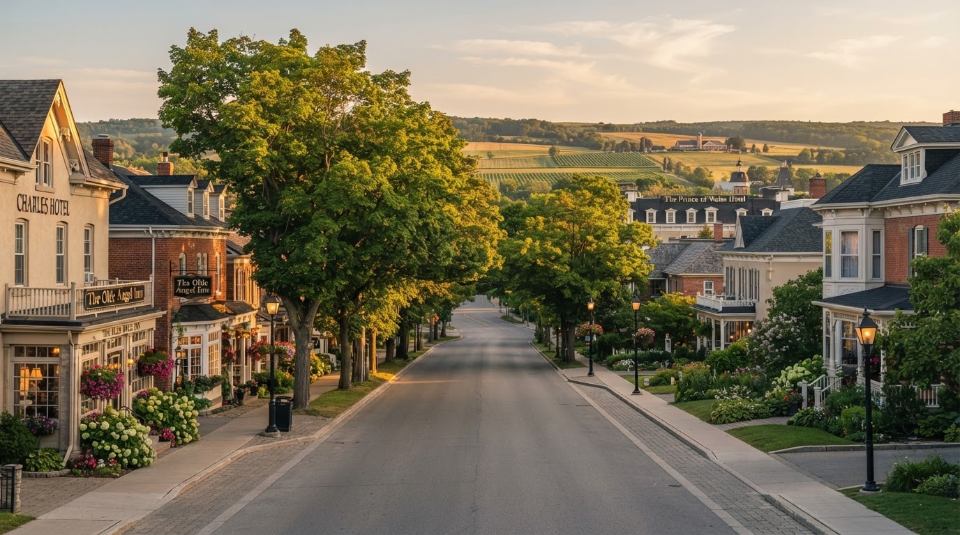 Heritage homes along a tree-lined street in Niagara-on-the-Lake at golden hour