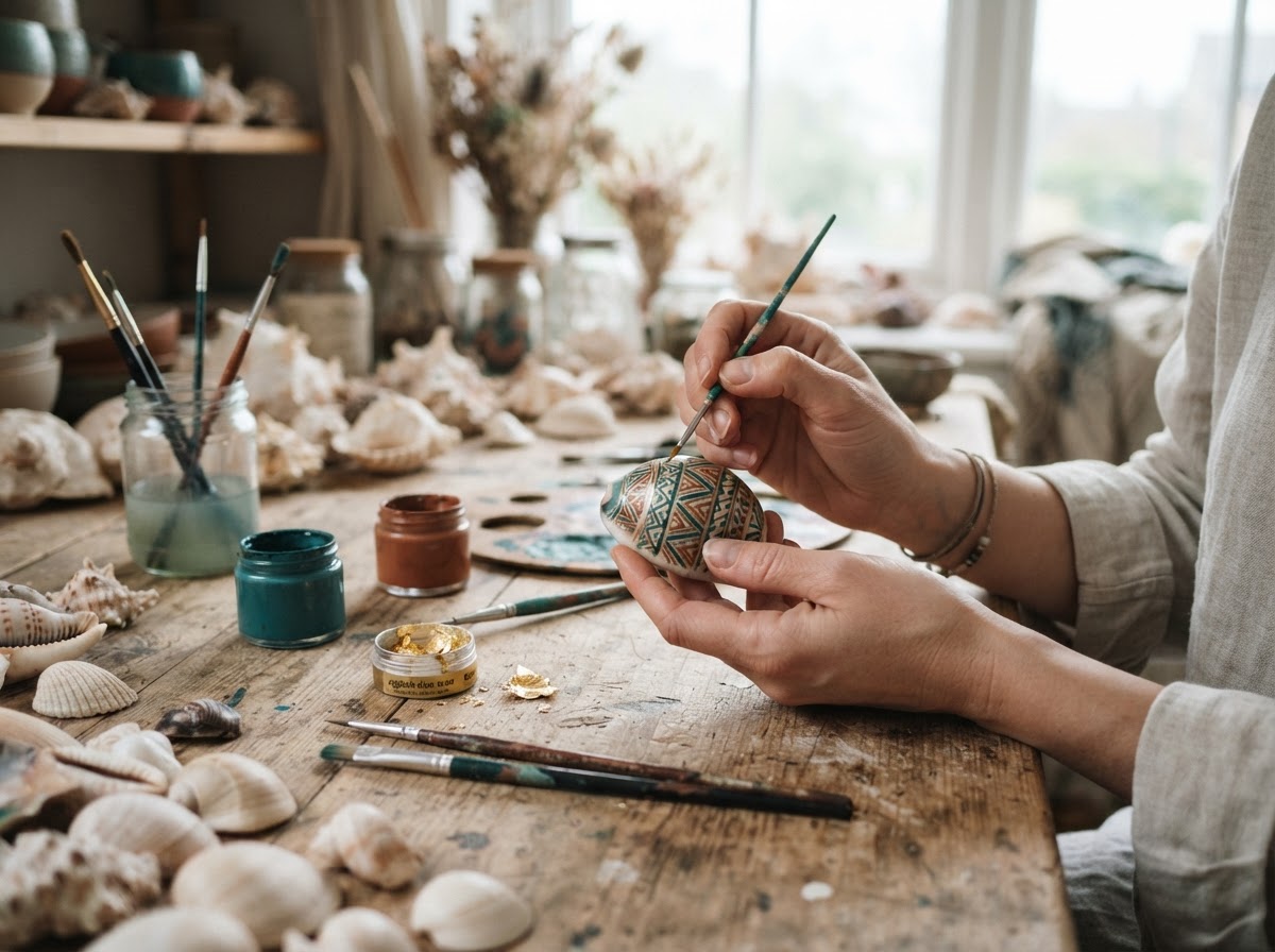 Artist painting a seashell with fine brushes, teal and terracotta mineral paints and gold leaf