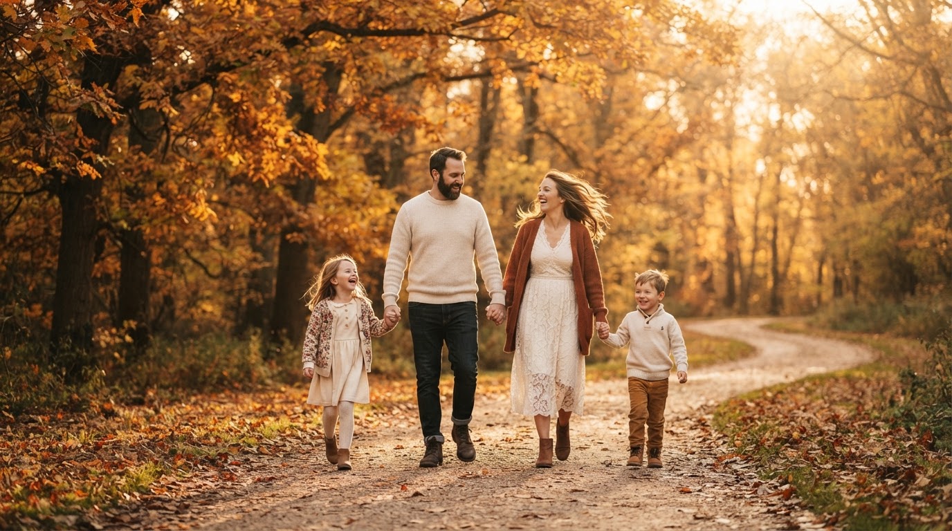 A family walking together through a fall landscape at golden hour