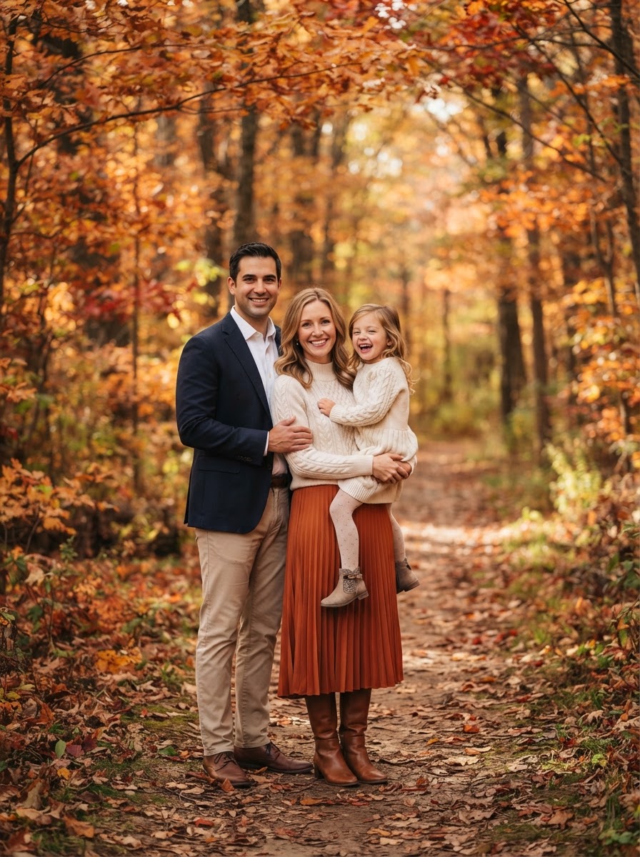 Classic posed fall family portrait among autumn trees