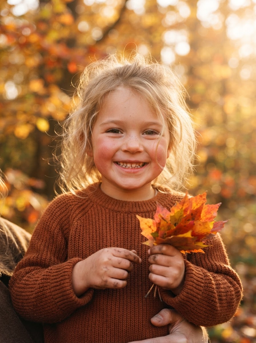 Candid close-up of a smiling child holding autumn leaves