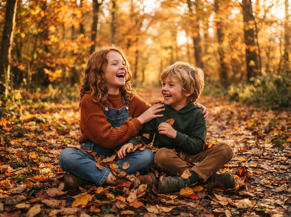 Two siblings laughing together among fallen golden leaves