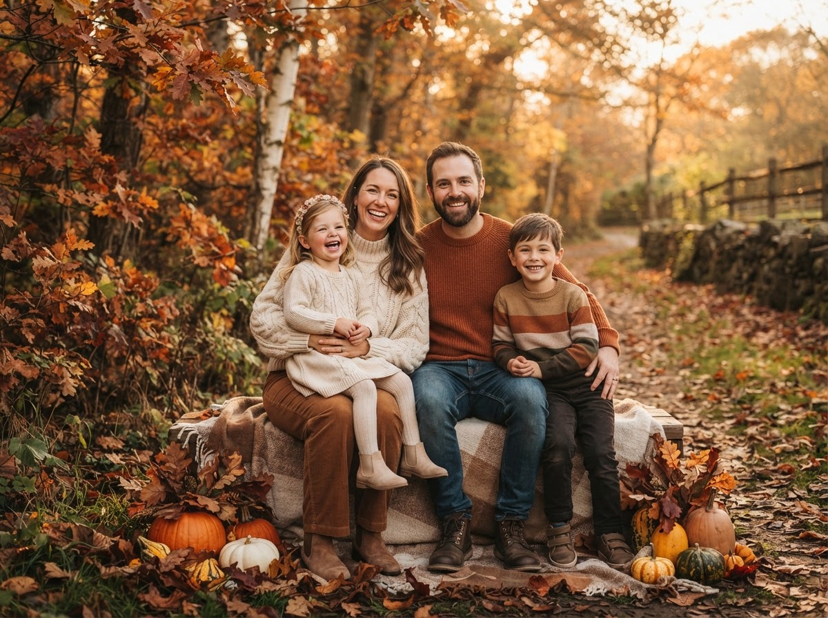 Family posed for a seasonal holiday card in a fall setting