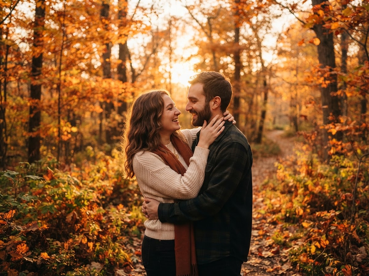 A couple embracing among autumn leaves during golden hour