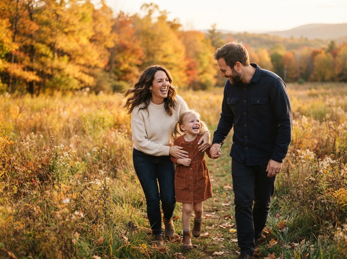 Family enjoying a relaxed fall photoshoot outdoors