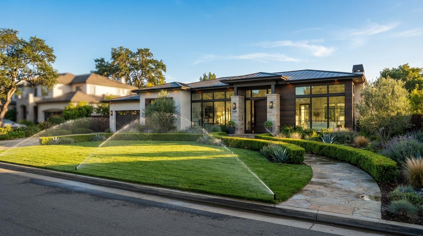 Modern Sacramento home with a lush green lawn and sprinklers running