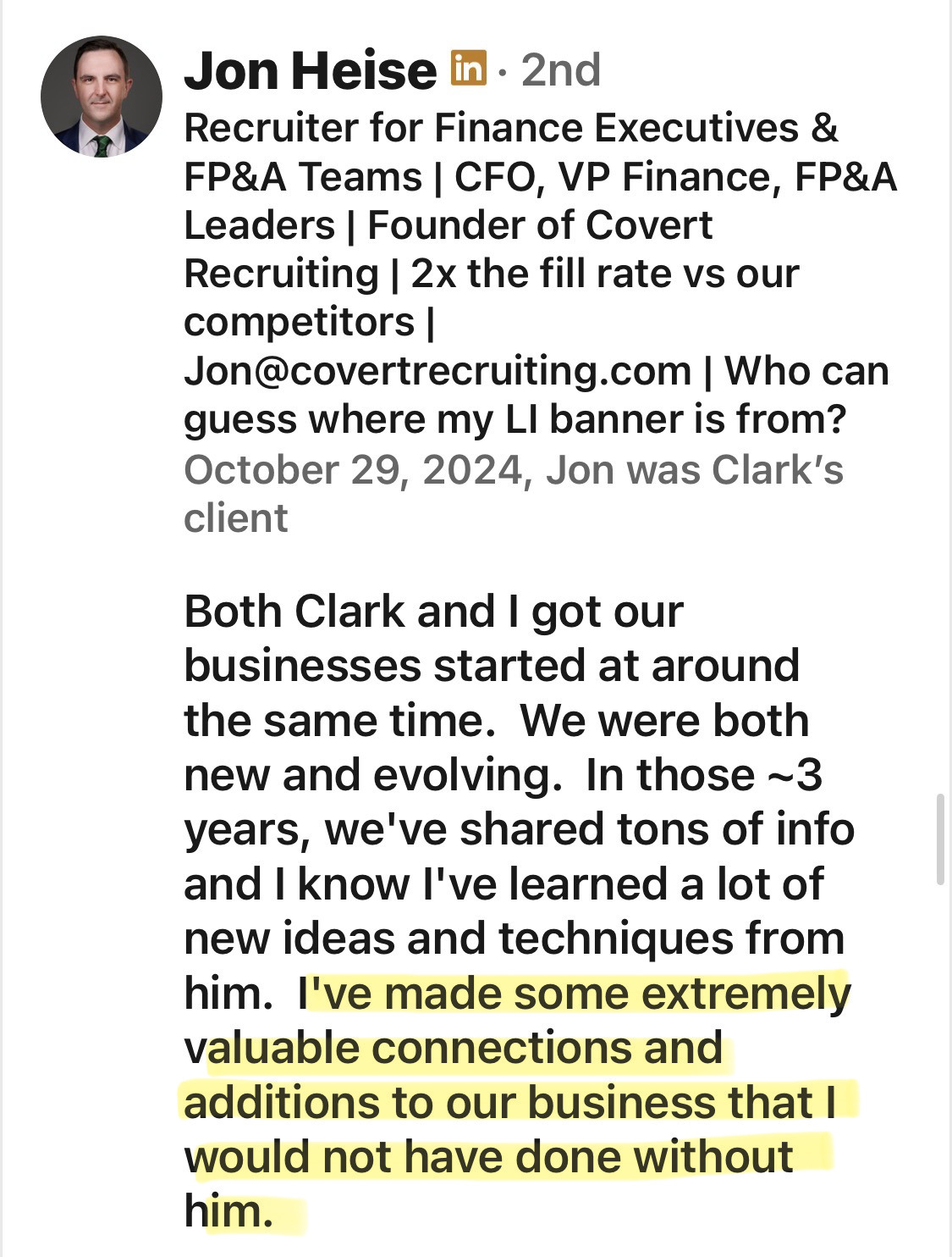 Jon Heise client testimonial