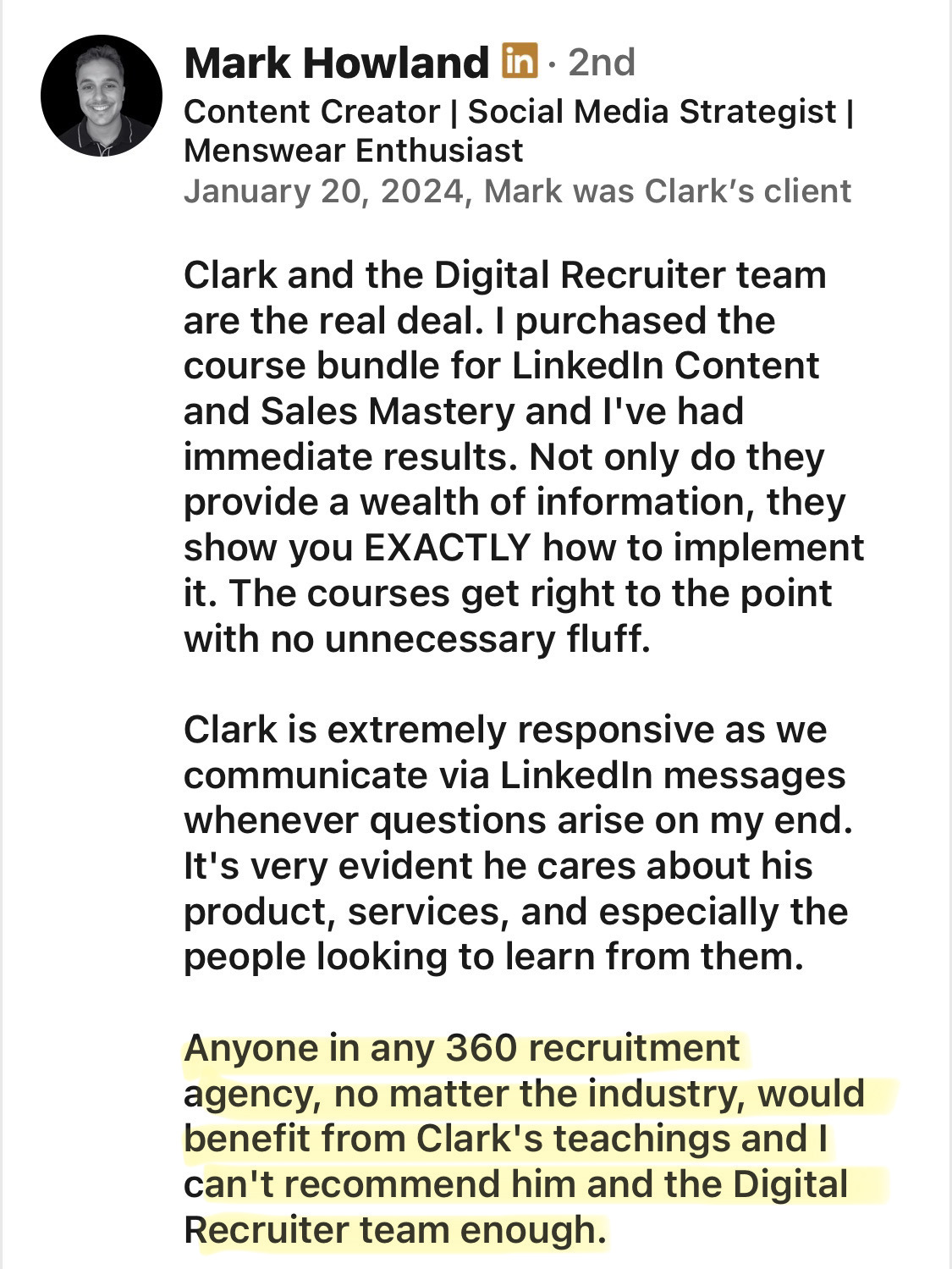 Mark Howland client testimonial