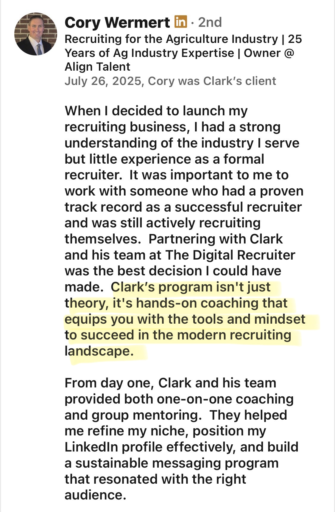 Cory Wermert client testimonial