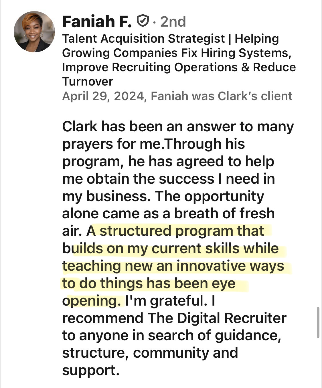 Faniah F. client testimonial