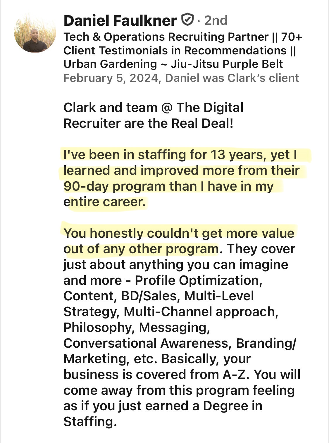 Daniel Faulkner client testimonial
